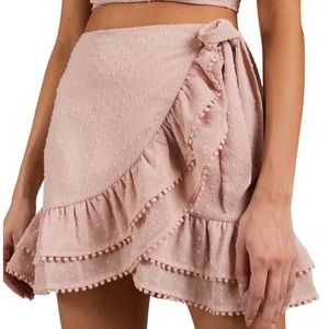 Tobi Blush Pink Swiss Dot Tiered Ruffle Chiffon Pom-pom Wrap Mini Skirt M